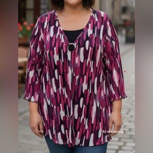 Maggie Barnes Womens Pink Purple Abstract Print Ring Accent Layered Blouse | 2X